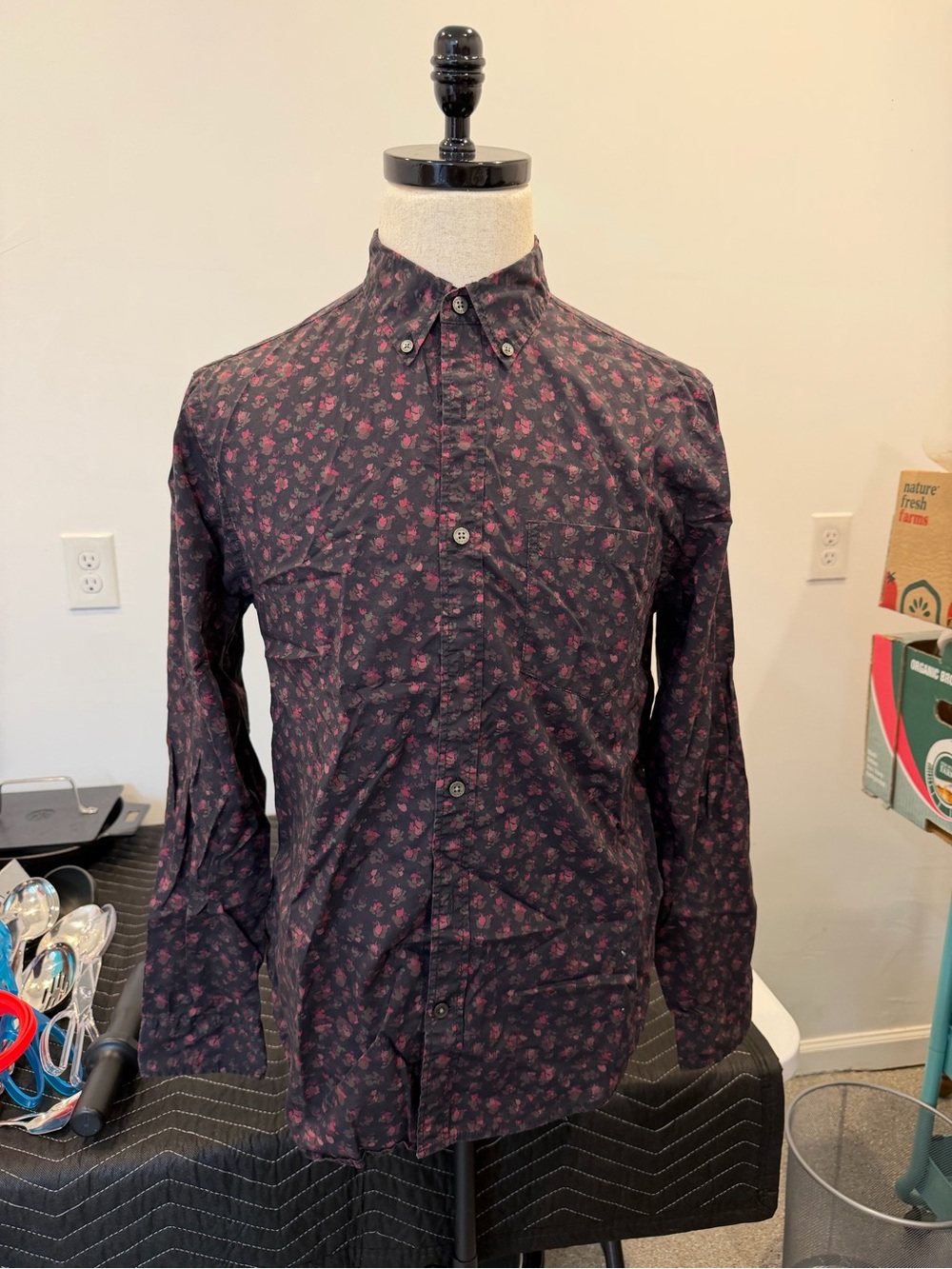 Coach Men's Black Button-Down Shirt with Burgundy Floral Print
